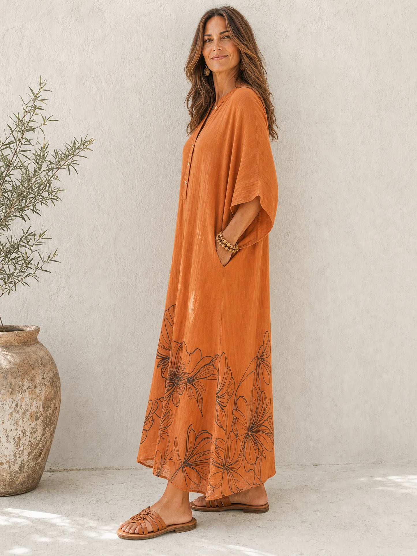 Women's Retro Casual Lazy Style Cotton Linen Floral Print Batwing Sleeve Henley Collar Maxi Dress