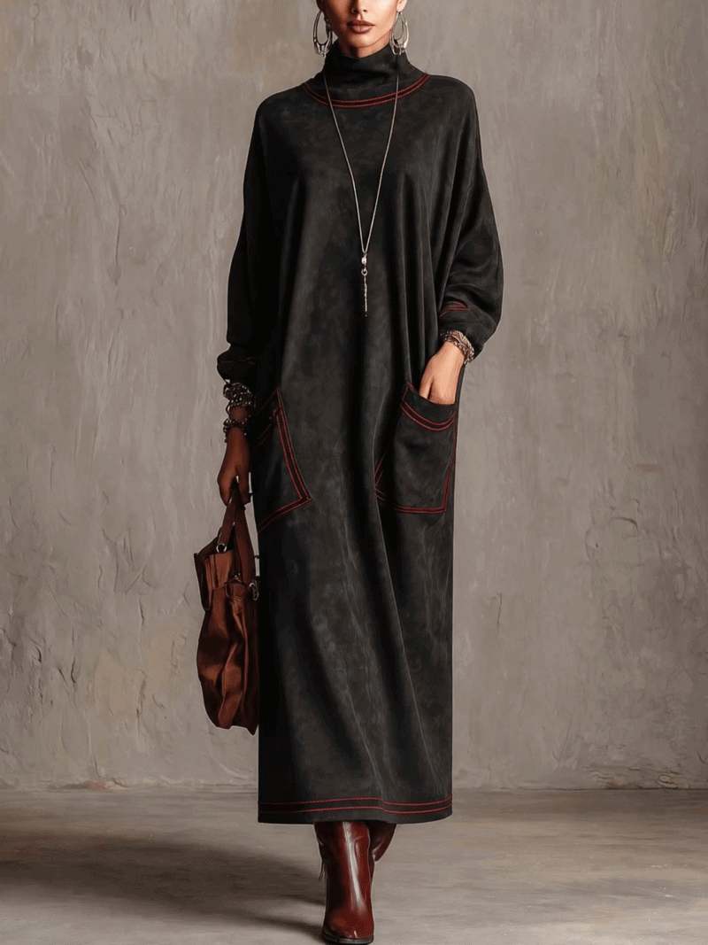 Black Faux Suede Maxi Dress With Red Contrast Stitching And Patch Pockets