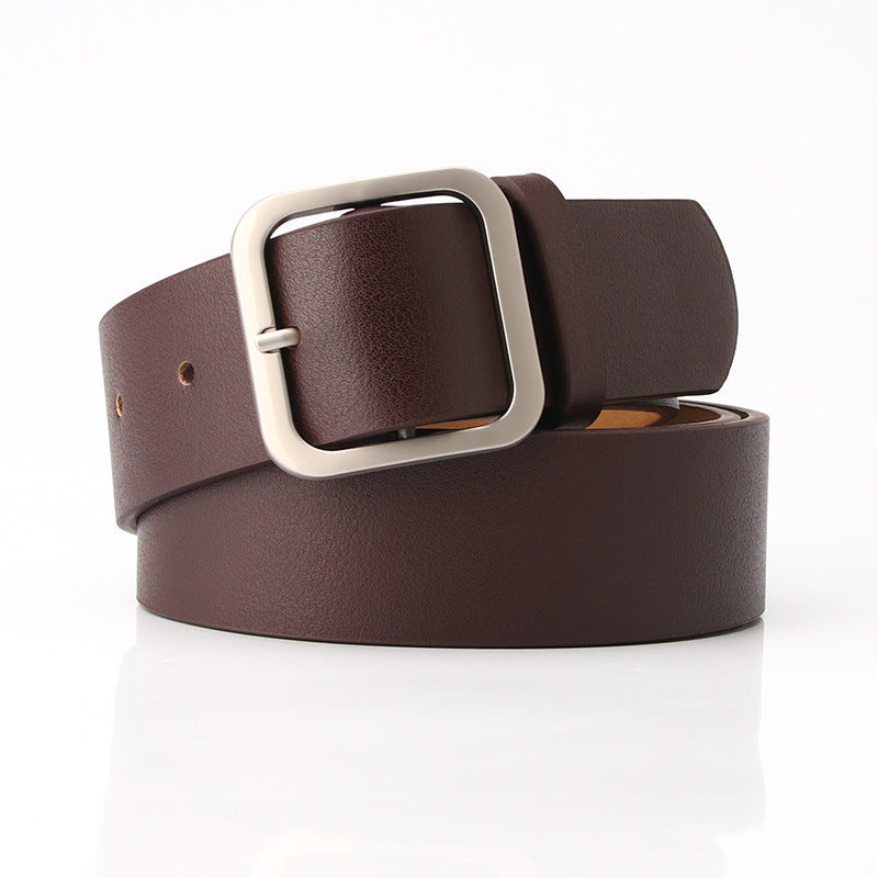 Women’s Minimalist Square Metal Buckle Leather Belt Casual Solid Waist Cinch Belt - Brown