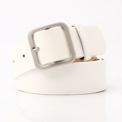 Women’s Minimalist Square Metal Buckle Leather Belt Casual Solid Waist Cinch Belt - White