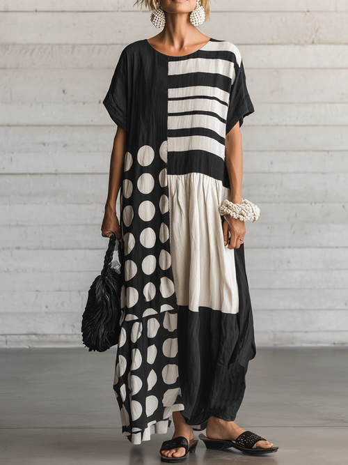 Women's Casual Retro Cotton-Linen Spliced  — Round Neck, Short Sleeve, Loose Fit, Maxi Length Dress