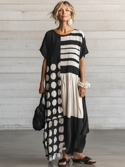 Women's Casual Retro Cotton-Linen Spliced  — Round Neck, Short Sleeve, Loose Fit, Maxi Length Dress