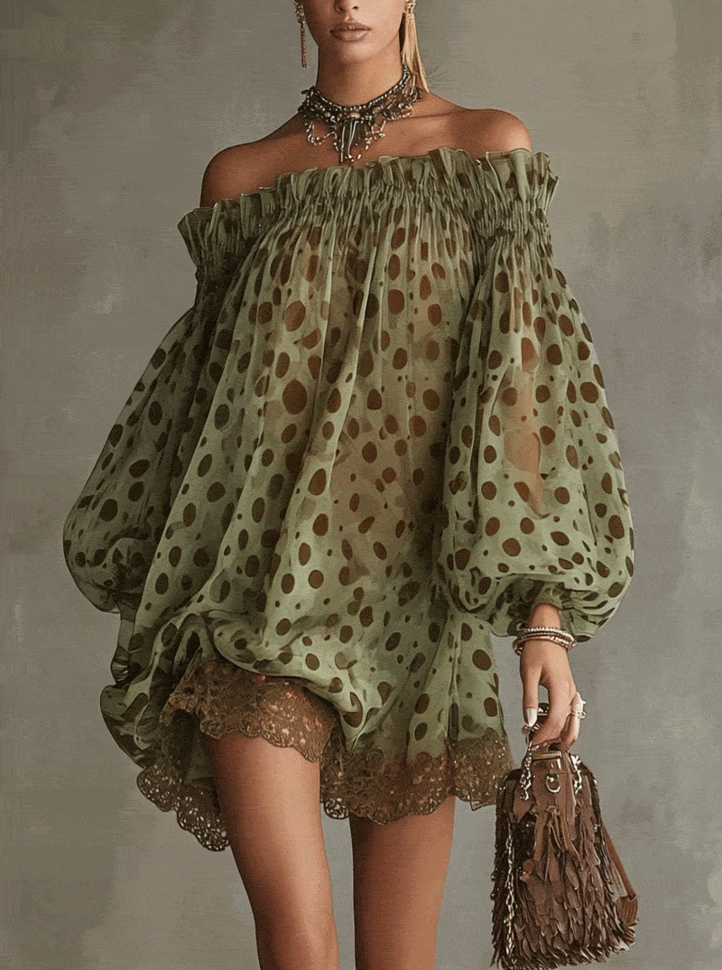 Women Off‑Shoulder Puff Long Sleeve Polka Dot Chiffon Mini Dress - Long Sleeve Mini Dress