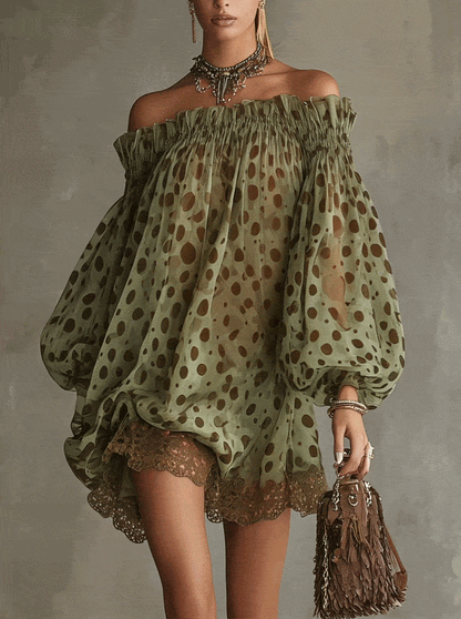 Women Off‑Shoulder Puff Long Sleeve Polka Dot Chiffon Mini Dress - Long Sleeve Mini Dress