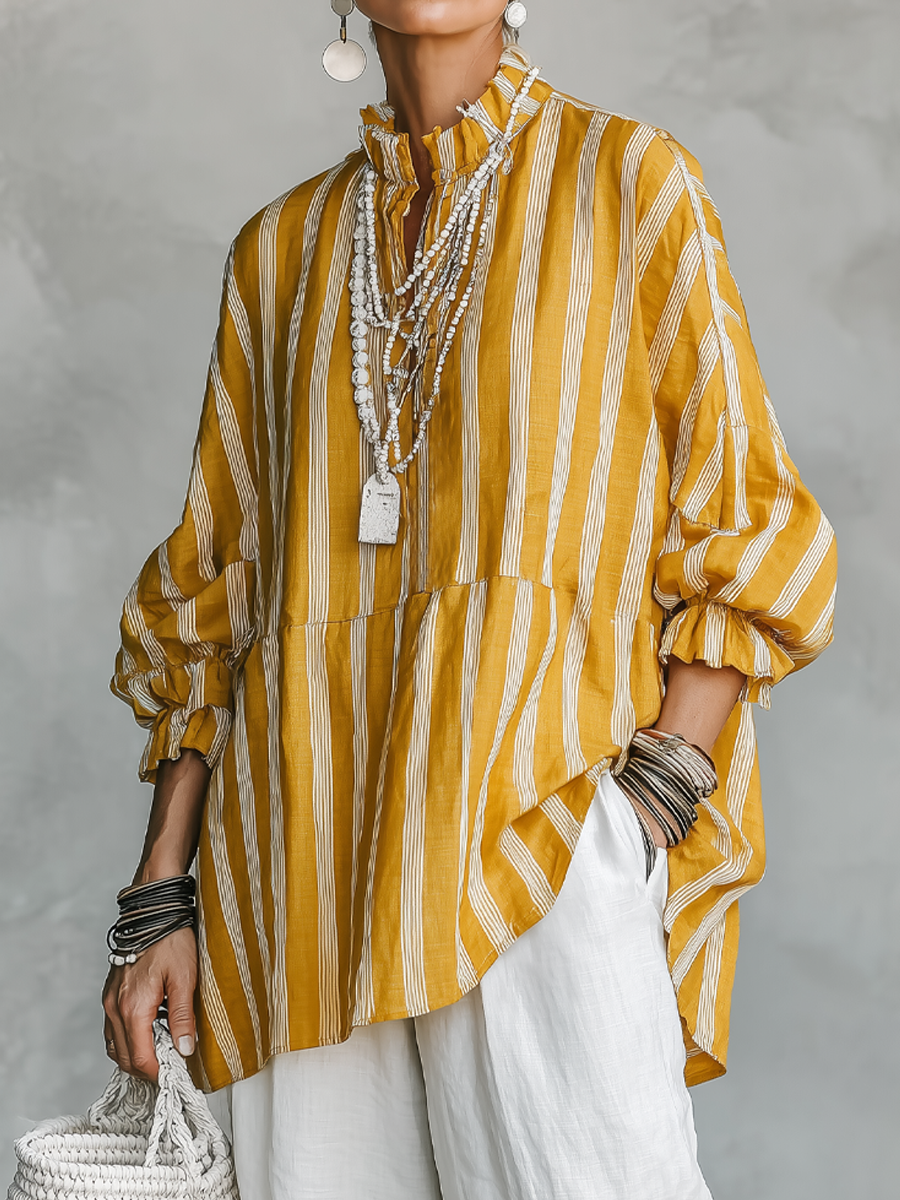 Women's Casual Retro Stand Collar, Vertical Stripes, Linen Blend, Half-Sleeves Loose-Fit Shirt ZMZ2818E2ZYY