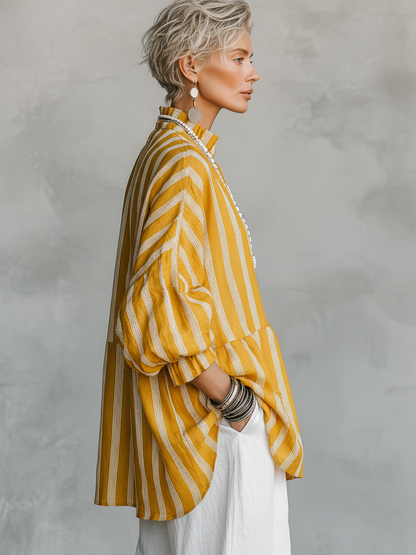 Women's Casual Retro Stand Collar, Vertical Stripes, Linen Blend, Half-Sleeves Loose-Fit Shirt ZMZ2818E2ZYY