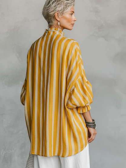 Women's Casual Retro Stand Collar, Vertical Stripes, Linen Blend, Half-Sleeves Loose-Fit Shirt ZMZ2818E2ZYY
