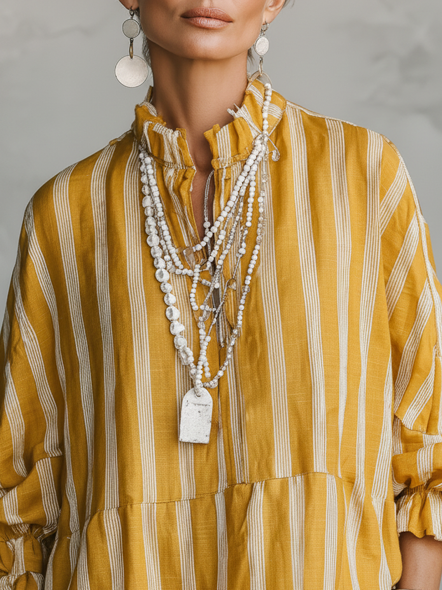 Women's Casual Retro Stand Collar, Vertical Stripes, Linen Blend, Half-Sleeves Loose-Fit Shirt ZMZ2818E2ZYY