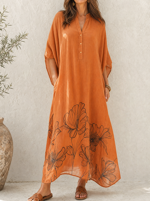Women's Retro Casual Lazy Style Cotton Linen Floral Print Batwing Sleeve Henley Collar Maxi Dress