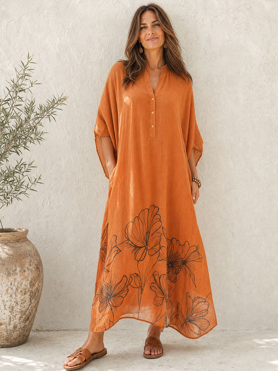 Women's Retro Casual Lazy Style Cotton Linen Floral Print Batwing Sleeve Henley Collar Maxi Dress