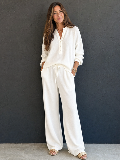Women's Retro Casual Lazy Style Solid Color Waffle Henley Top And Pants Set
