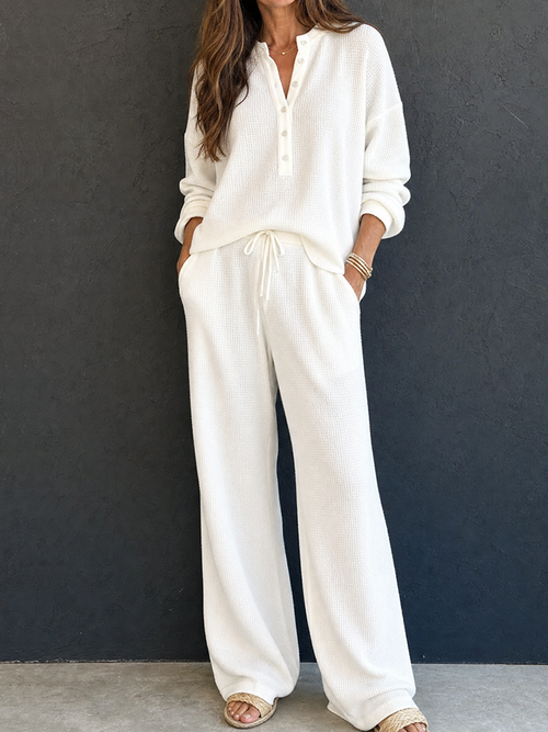 Women's Retro Casual Lazy Style Solid Color Waffle Henley Top And Pants Set