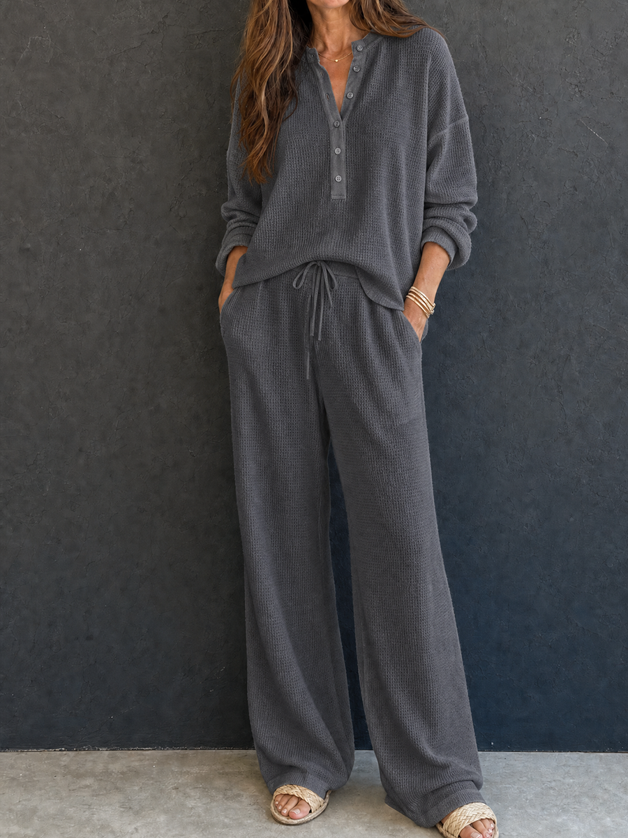 Women's Retro Casual Lazy Style Solid Color Waffle Henley Top And Pants Set