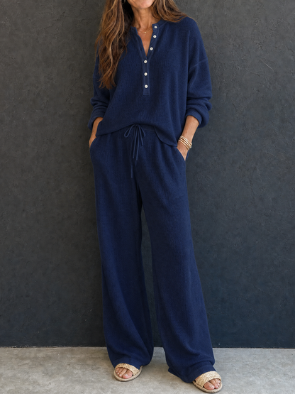 Women's Retro Casual Lazy Style Solid Color Waffle Henley Top And Pants Set