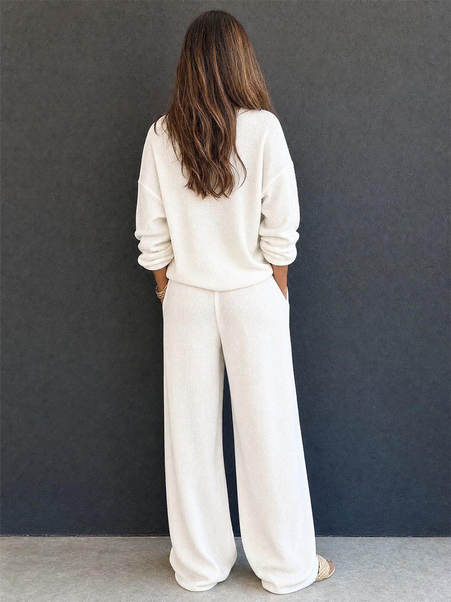 Women's Retro Casual Lazy Style Solid Color Waffle Henley Top And Pants Set