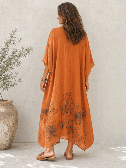 Women's Retro Casual Lazy Style Cotton Linen Floral Print Batwing Sleeve Henley Collar Maxi Dress