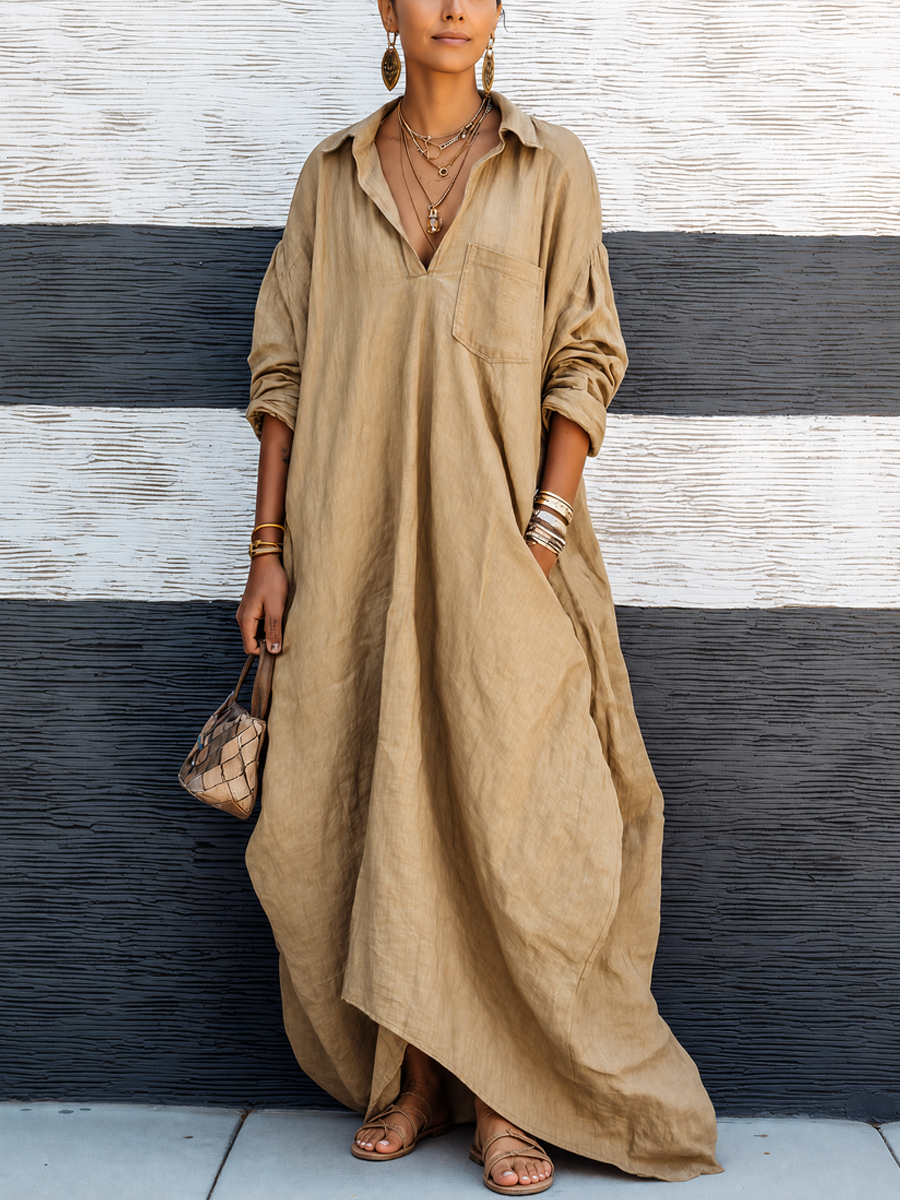 Women's Vintage-style Khaki Cotton V-neck Loose Long-sleeve Maxi Dress