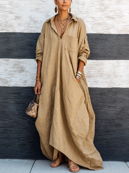 Women's Vintage-style Khaki Cotton V-neck Loose Long-sleeve Maxi Dress