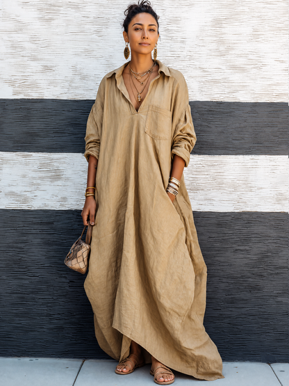 Women's Vintage-style Khaki Cotton V-neck Loose Long-sleeve Maxi Dress