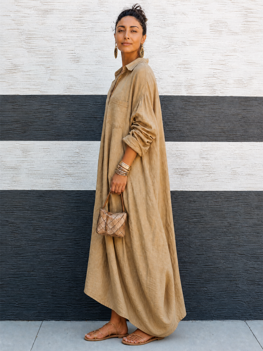 Women's Vintage-style Khaki Cotton V-neck Loose Long-sleeve Maxi Dress