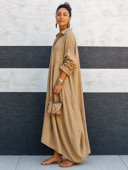 Women's Vintage-style Khaki Cotton V-neck Loose Long-sleeve Maxi Dress