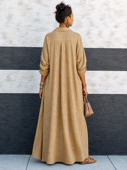 Women's Vintage-style Khaki Cotton V-neck Loose Long-sleeve Maxi Dress