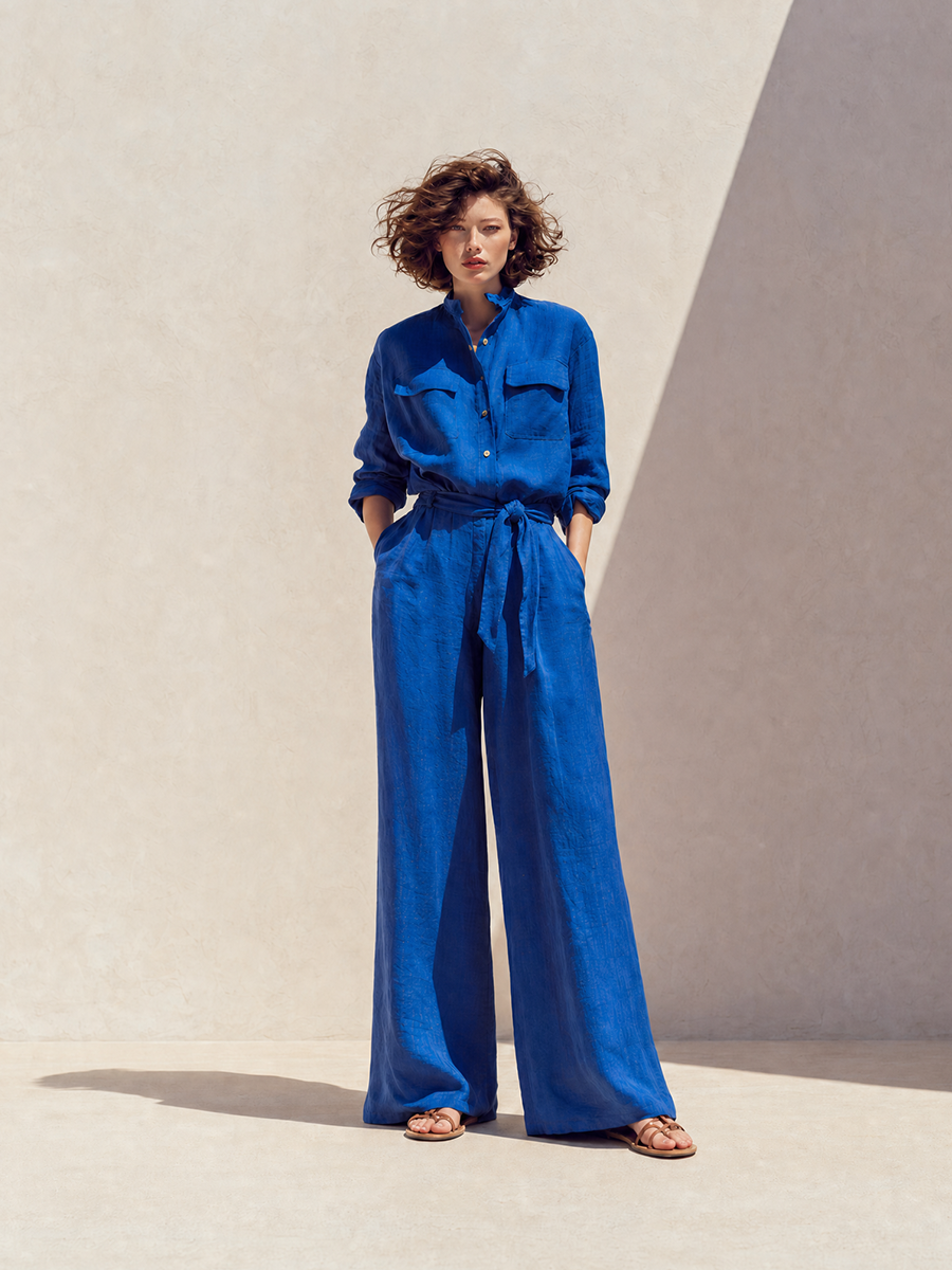 Women's Vacation Klein Blue Washed Linen Stand Collar Long-Sleeve Shirt & Wide-Leg Pants Set MDZ1740G5CMX