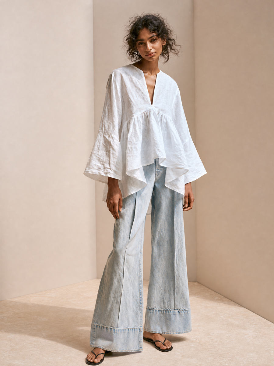 Women's Premium Minimalist Cotton-Linen V-Neck Flared Sleeves Loose Shirt ZMZ2407G3ZYY
