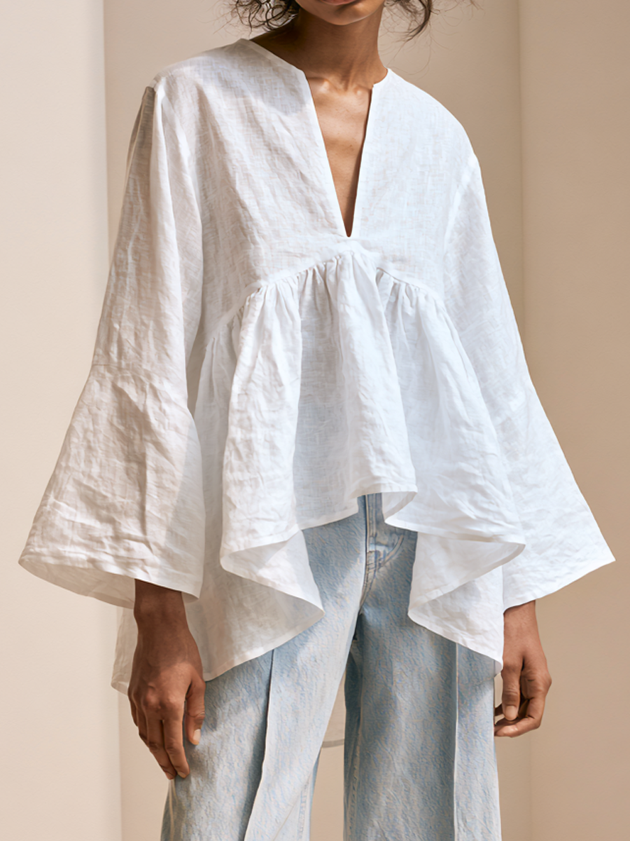 Women's Premium Minimalist Cotton-Linen V-Neck Flared Sleeves Loose Shirt ZMZ2407G3ZYY