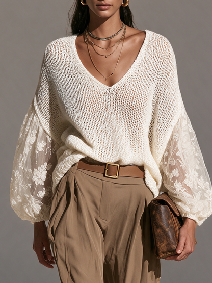 Women's V-Neck Open-Knit Lace-Panel Balloon-Sleeve Relaxed Wool-Knit Top