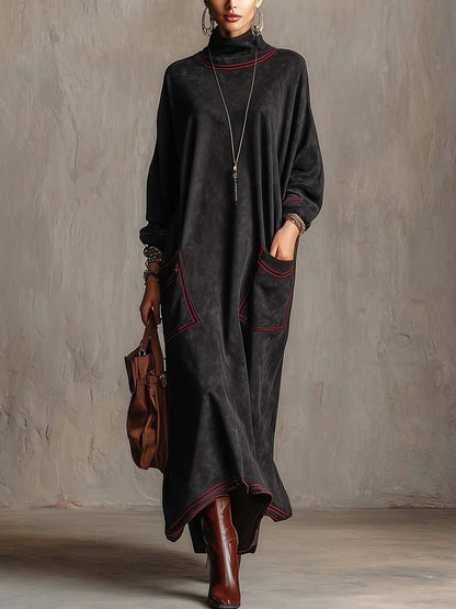 Black Faux Suede Maxi Dress With Red Contrast Stitching And Patch Pockets