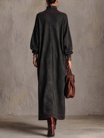 Black Faux Suede Maxi Dress With Red Contrast Stitching And Patch Pockets