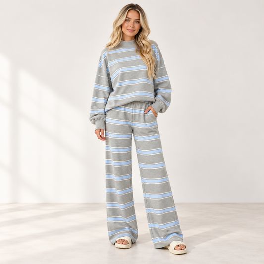 Striped Knit Lounge Set – Relaxed Crewneck Sweatshirt & Wide-Leg Pants