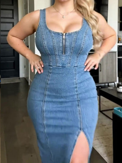 Hugmecurve Stretch Sleeveless Denim Dress With Slit