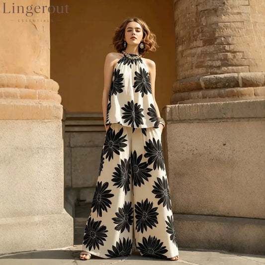 2 Piece Floral Print Wide Leg Pants Set - Apricot / S