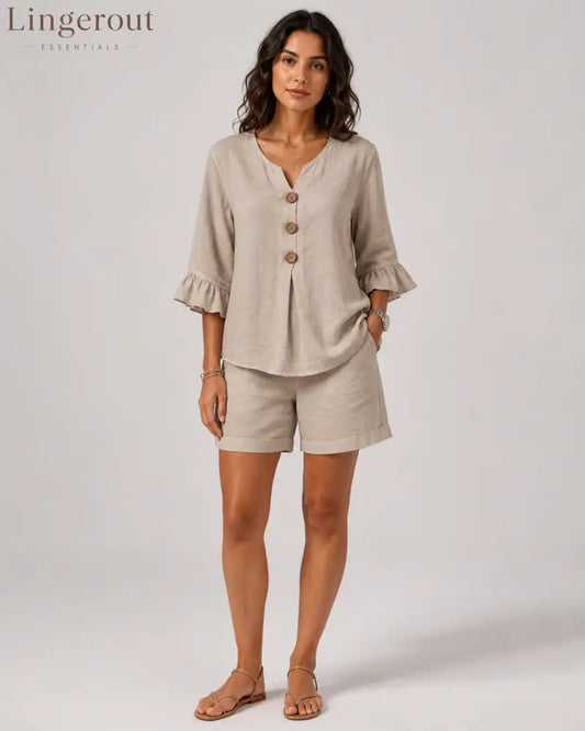 2-Piece Linen Short Set - V-Neck Button Up Ruffle Sleeve Blouse & Lounge Shorts Co-ord Suit