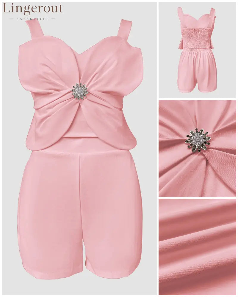 2 Pieces Outfit 3D Flower Decor Sweetheart Neck Thick Straps Shirred Back Crop Top and Casual Elastic Back Waist Shorts