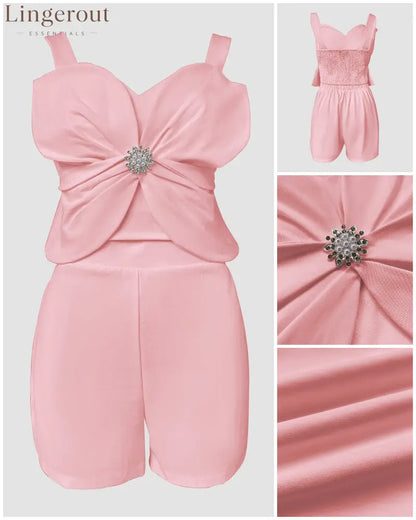 2 Pieces Outfit 3D Flower Decor Sweetheart Neck Thick Straps Shirred Back Crop Top and Casual Elastic Back Waist Shorts