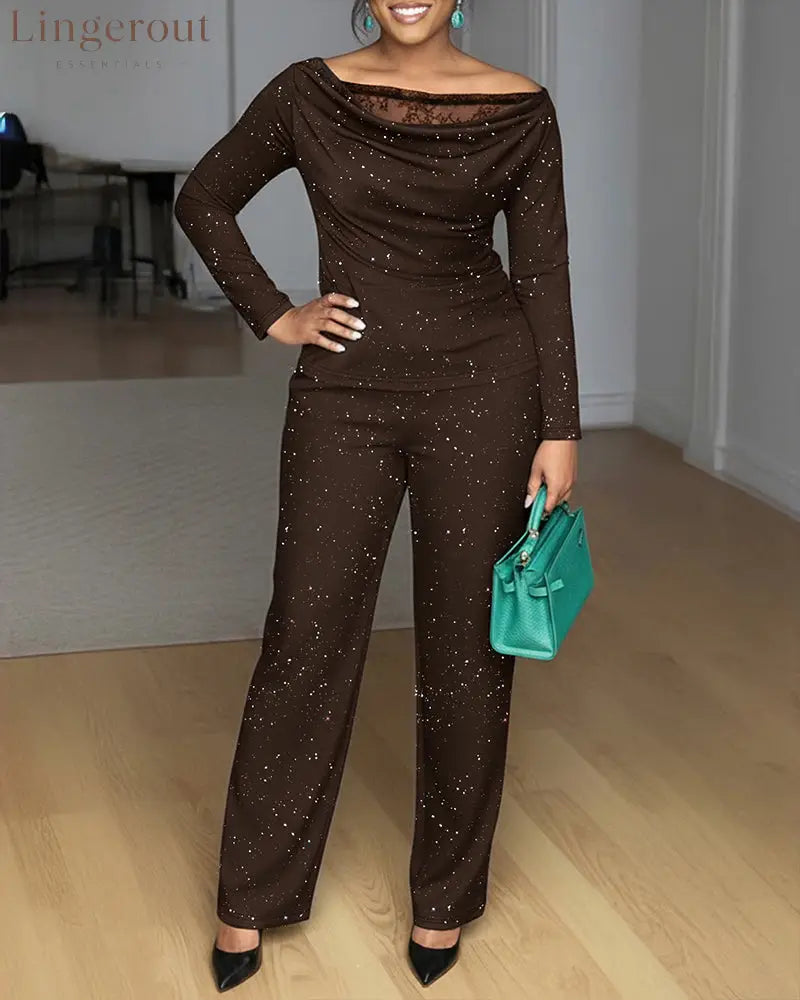 2 Pieces Outfit Cowl Neck Lace Spliced Long Sleeve Top and Elastic Waist Wide Leg Pants Set Casual Glitter Set