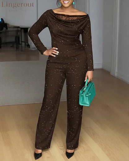 2 Pieces Outfit Cowl Neck Lace Spliced Long Sleeve Top and Elastic Waist Wide Leg Pants Set Casual Glitter Set