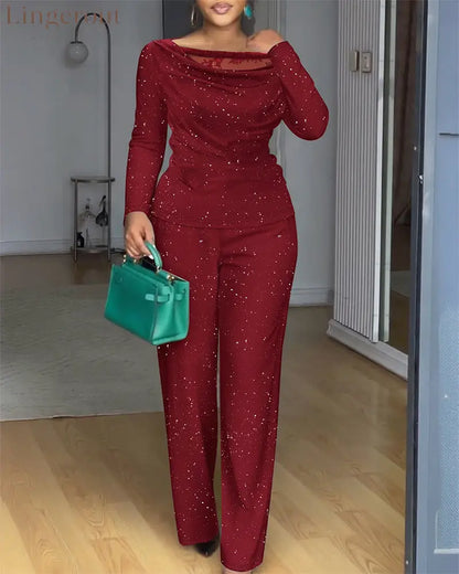 2 Pieces Outfit Cowl Neck Lace Spliced Long Sleeve Top and Elastic Waist Wide Leg Pants Set Casual Glitter Set - Wine