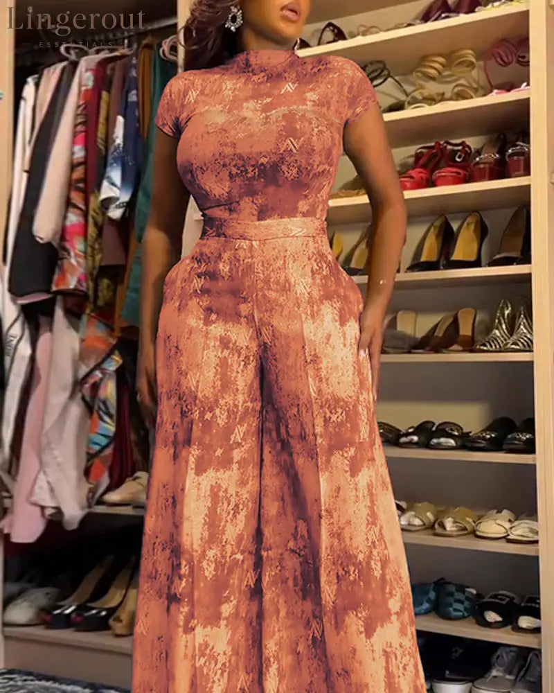 2 Pieces Outfit Mock Neck Short Sleeve Slim Fit Top and High Waist Wide Leg Pants Set Casual Tie Dye Print Sheer Mesh