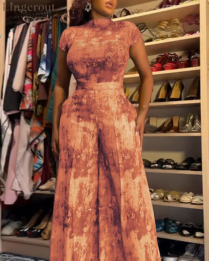 2 Pieces Outfit Mock Neck Short Sleeve Slim Fit Top and High Waist Wide Leg Pants Set Casual Tie Dye Print Sheer Mesh