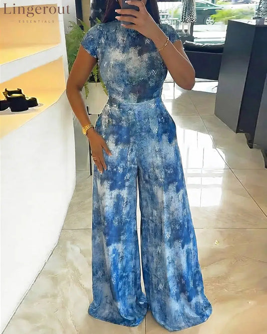 2 Pieces Outfit Mock Neck Short Sleeve Slim Fit Top and High Waist Wide Leg Pants Set Casual Tie Dye Print Sheer Mesh