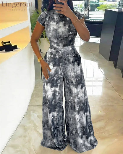2 Pieces Outfit Mock Neck Short Sleeve Slim Fit Top and High Waist Wide Leg Pants Set Casual Tie Dye Print Sheer Mesh