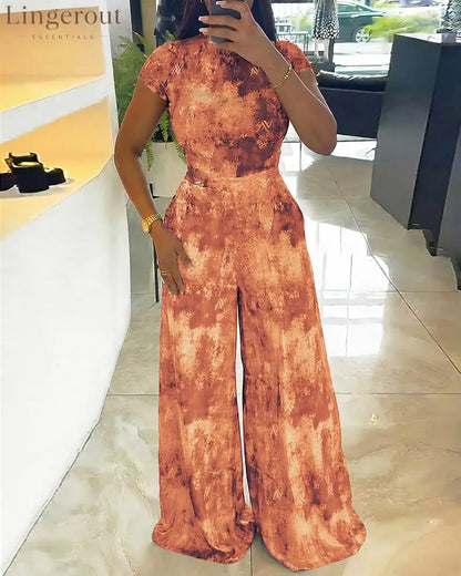 2 Pieces Outfit Mock Neck Short Sleeve Slim Fit Top and High Waist Wide Leg Pants Set Casual Tie Dye Print Sheer Mesh
