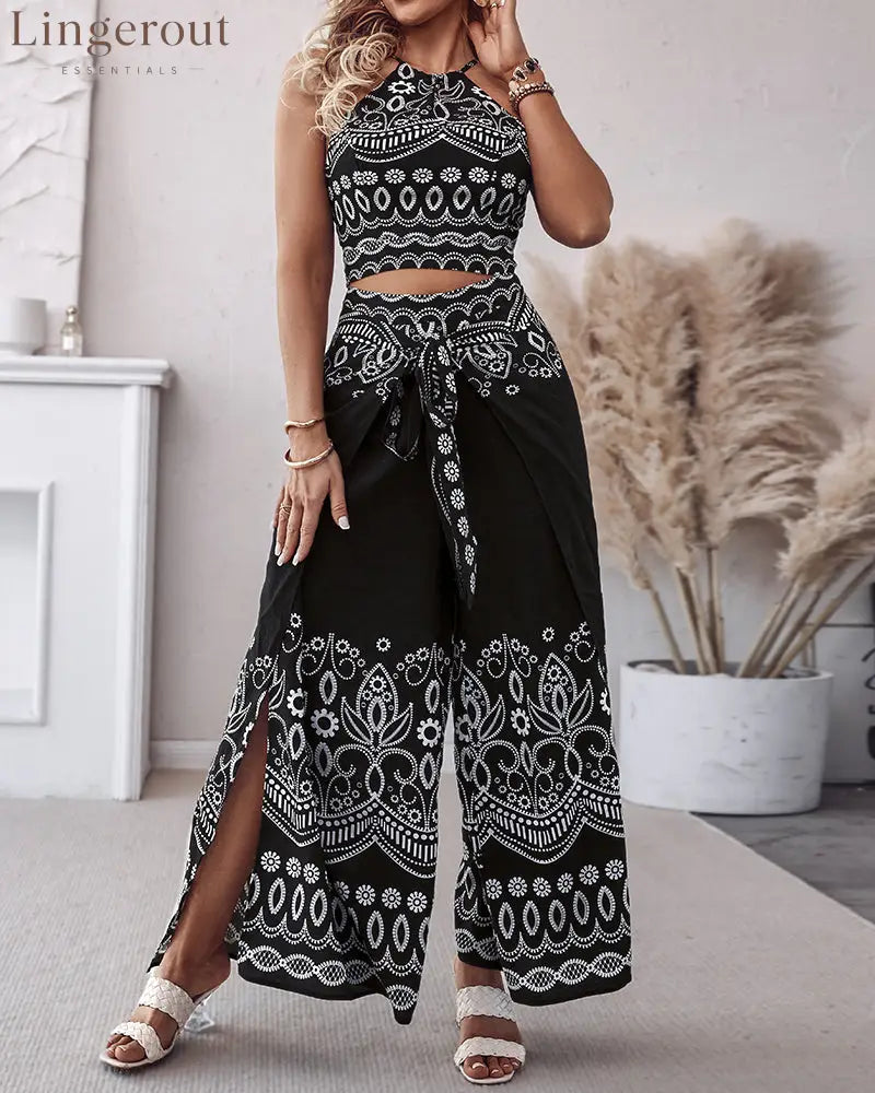 2 Pieces Outfits Tribal Print Keyhole Neck Sleeveless Top and Wide Leg Tied Detail Slit Pants Sets