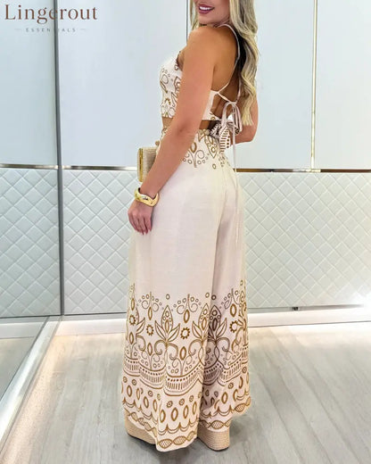 2 Pieces Outfits Tribal Print Keyhole Neck Sleeveless Top and Wide Leg Tied Detail Slit Pants Sets