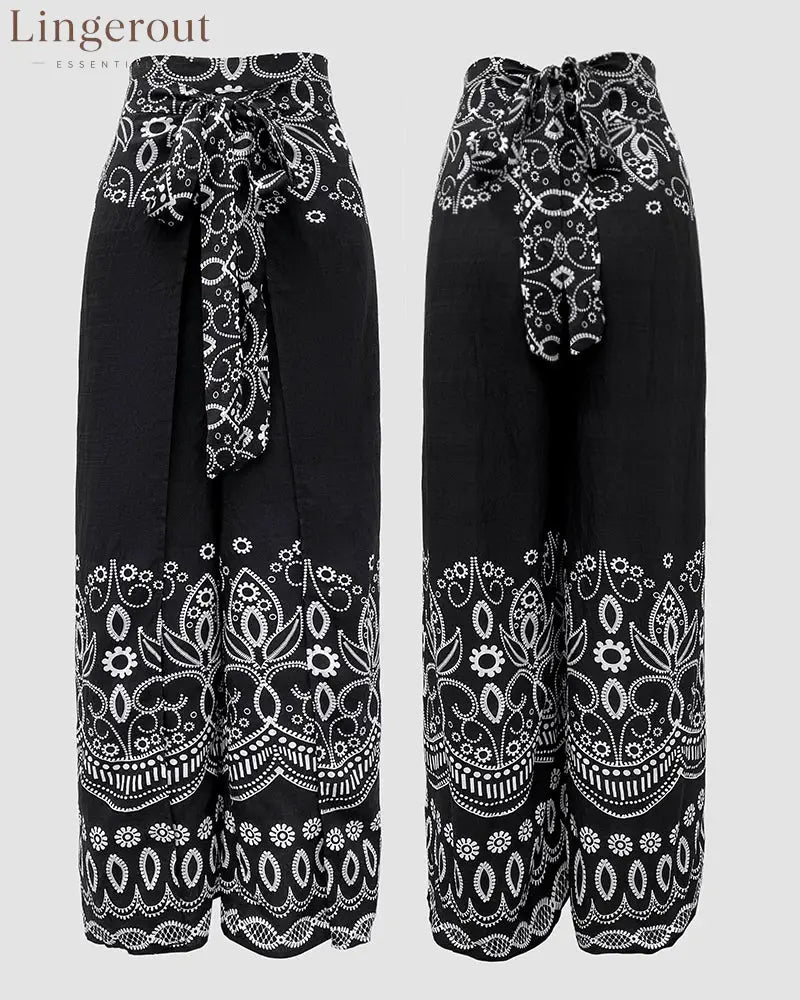 2 Pieces Outfits Tribal Print Keyhole Neck Sleeveless Top and Wide Leg Tied Detail Slit Pants Sets