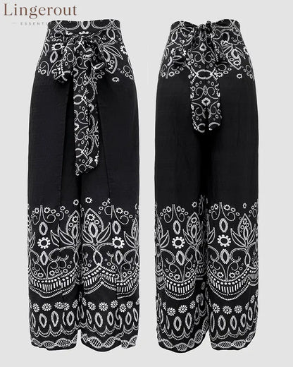 2 Pieces Outfits Tribal Print Keyhole Neck Sleeveless Top and Wide Leg Tied Detail Slit Pants Sets